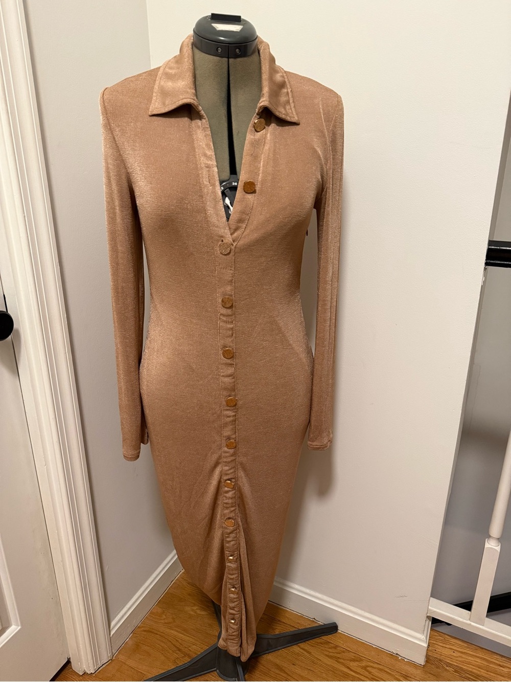Button-Front Collared Long Knit Dress in Camel